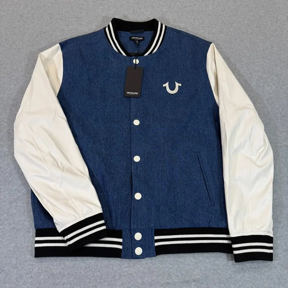 True Religion Mens Quad Buddha Denim Varsity Jacket Bomber Blue White L $239 NWT